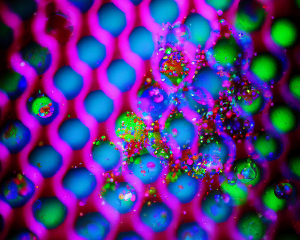 Colorful Honeycomb Pattern with Sparkling Water Droplets in Neon Hues