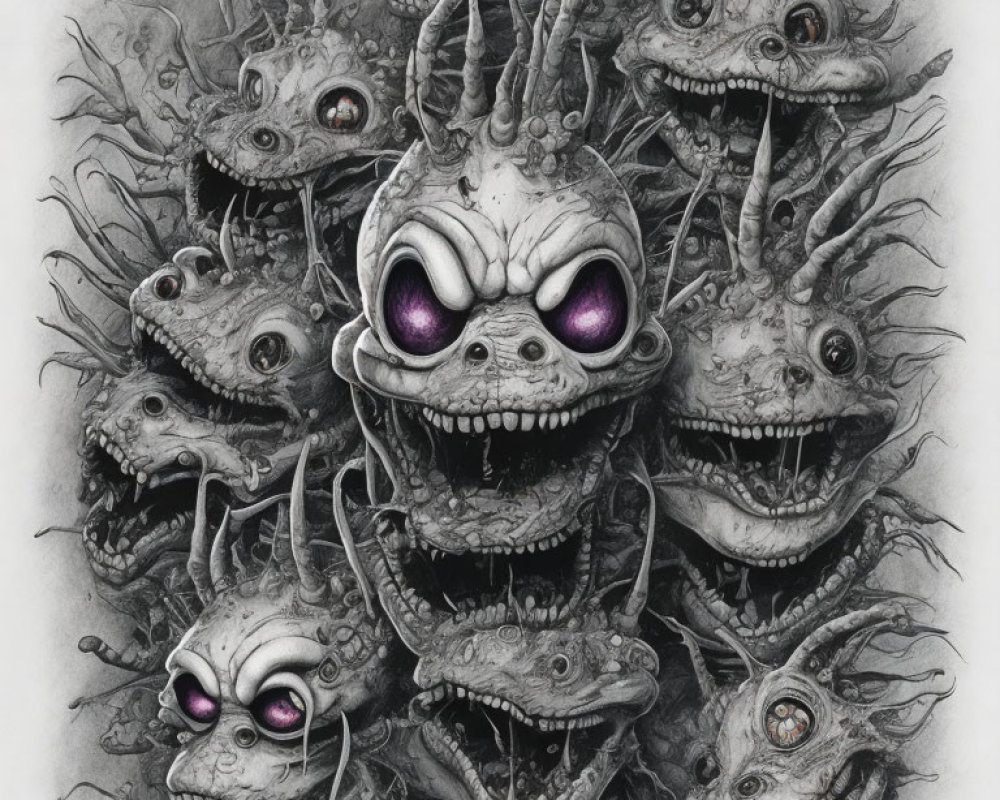 Monochrome drawing of central creature with purple eyes and toothy grin surrounded by smaller eerie creatures