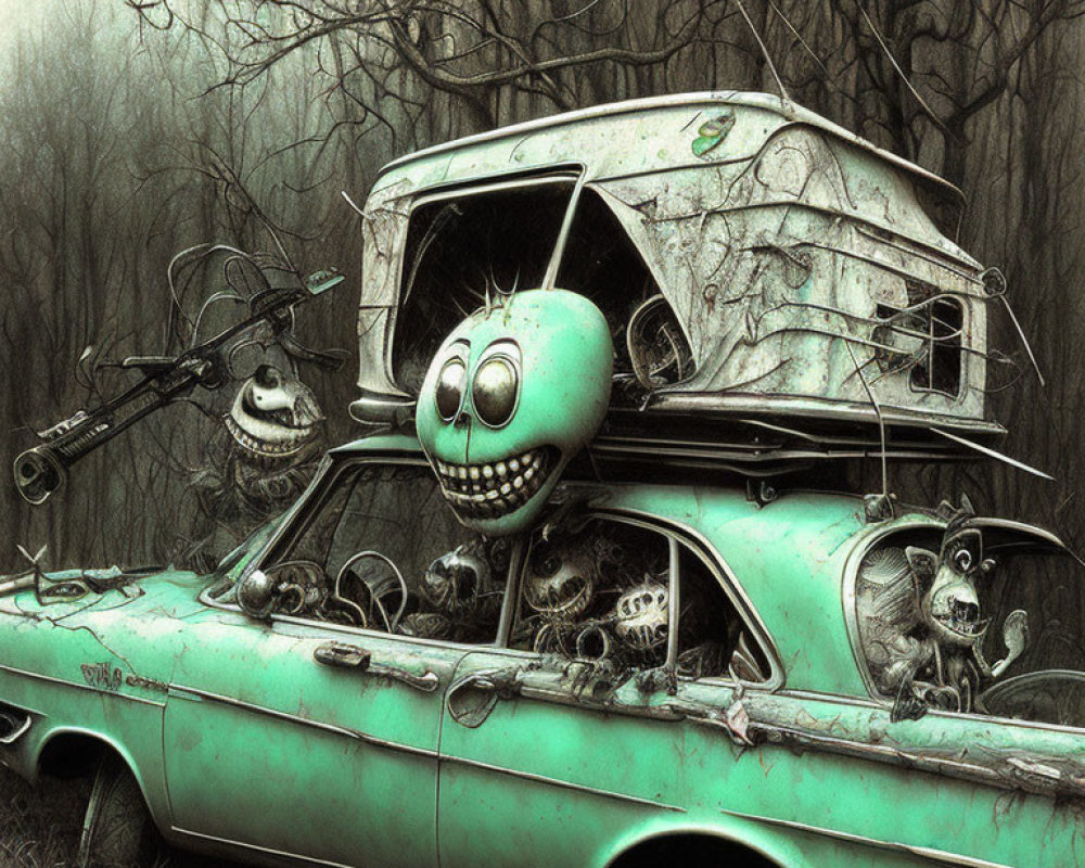 Anthropomorphic green car in eerie forest scenery with broken down appearance