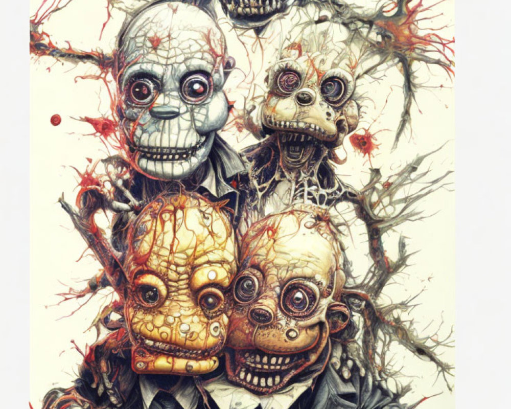 Vibrant artwork: Four stylized skulls on intricate branches