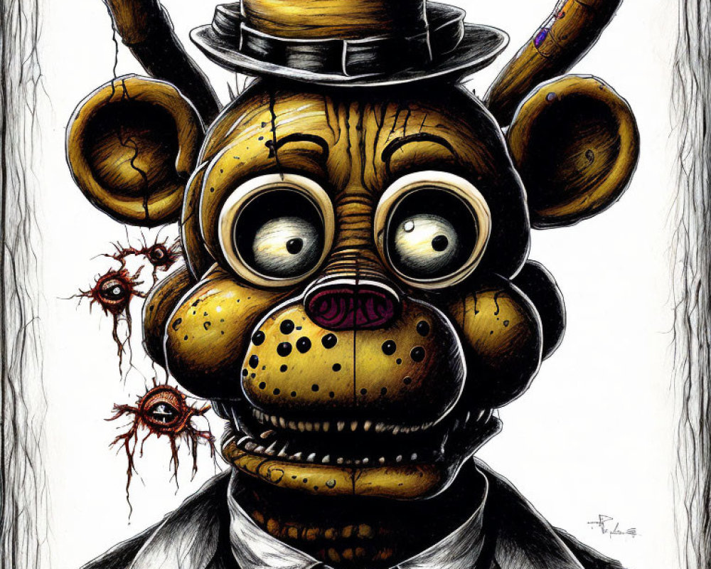 Menacing animatronic bear with top hat and wires: hand-drawn illustration