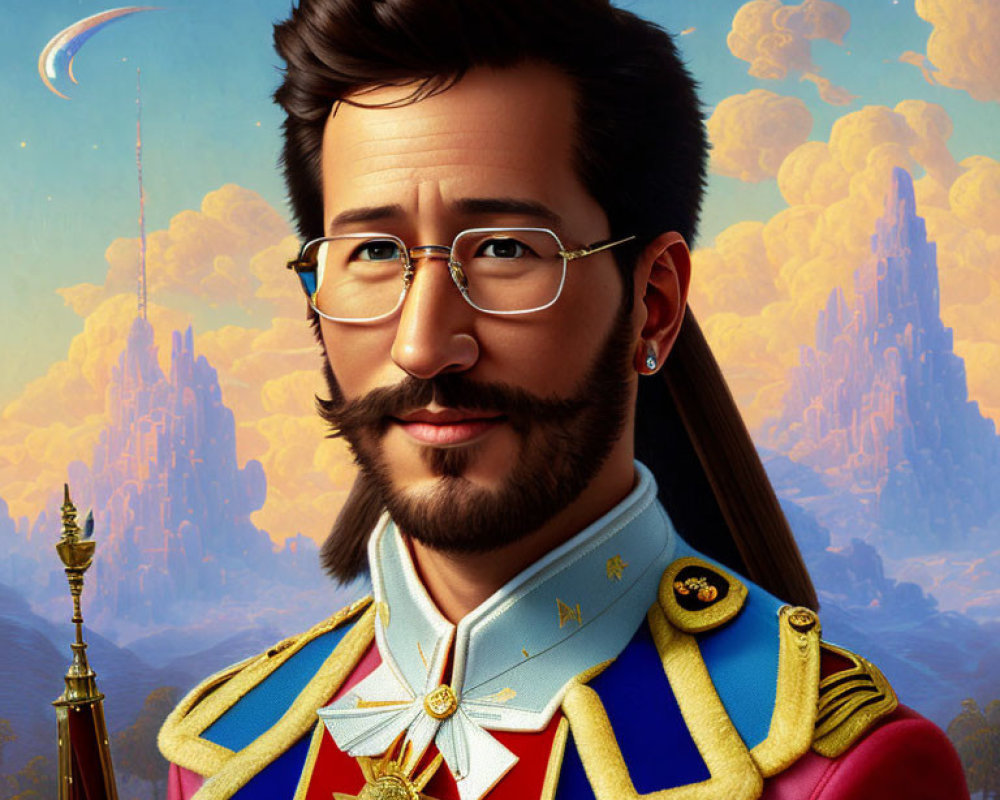 Man in glasses wearing military-style jacket with medals in fantastical landscape