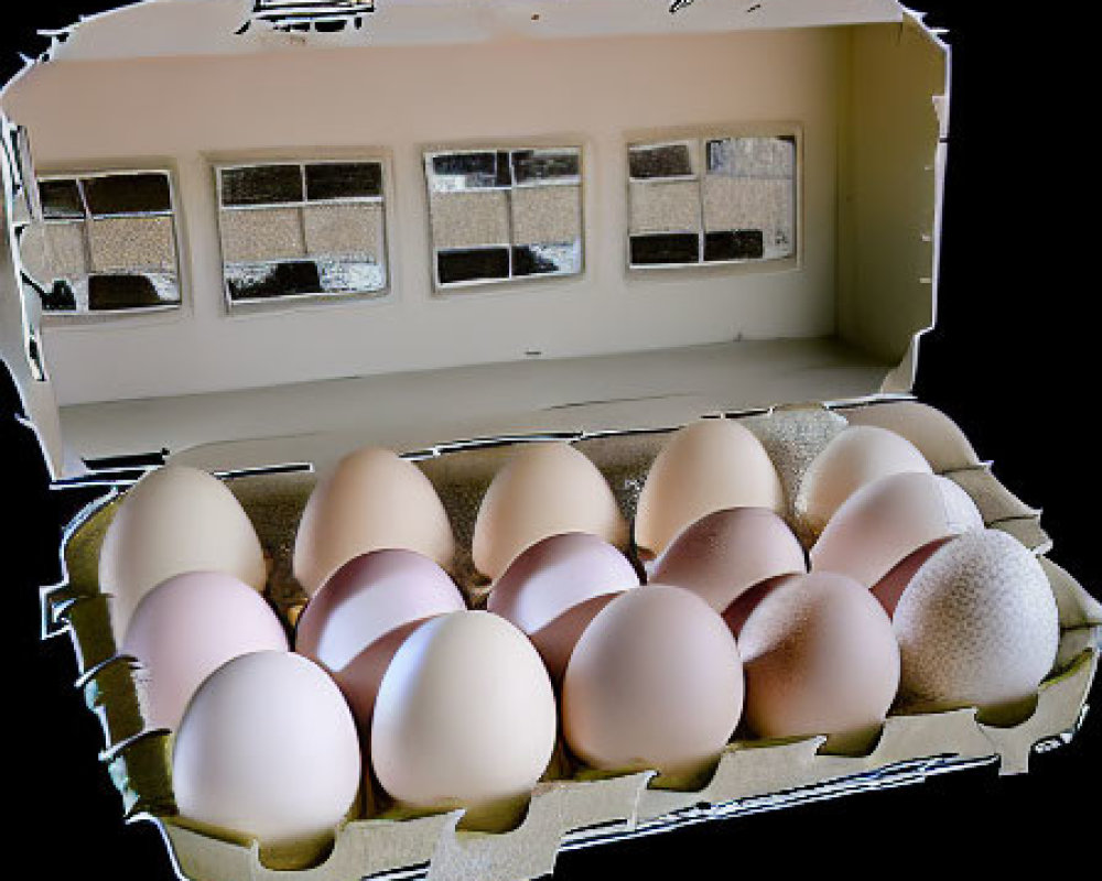 Egg carton with assorted eggs on dark surface and window background