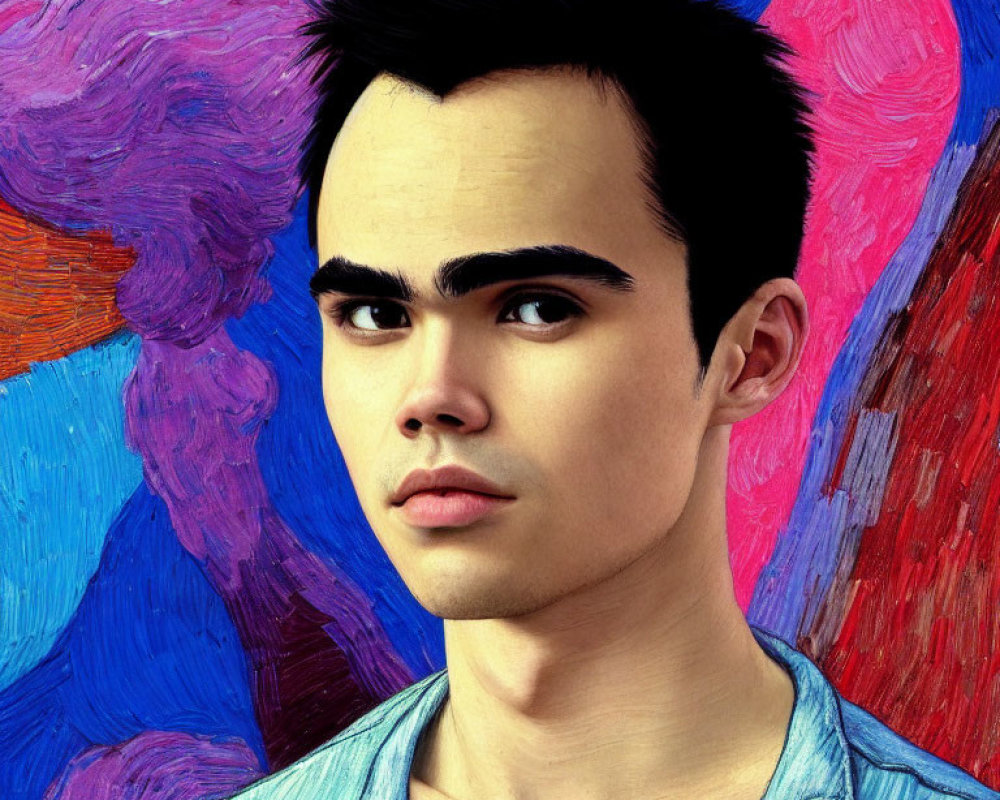 Serious young man in digital portrait against colorful abstract background