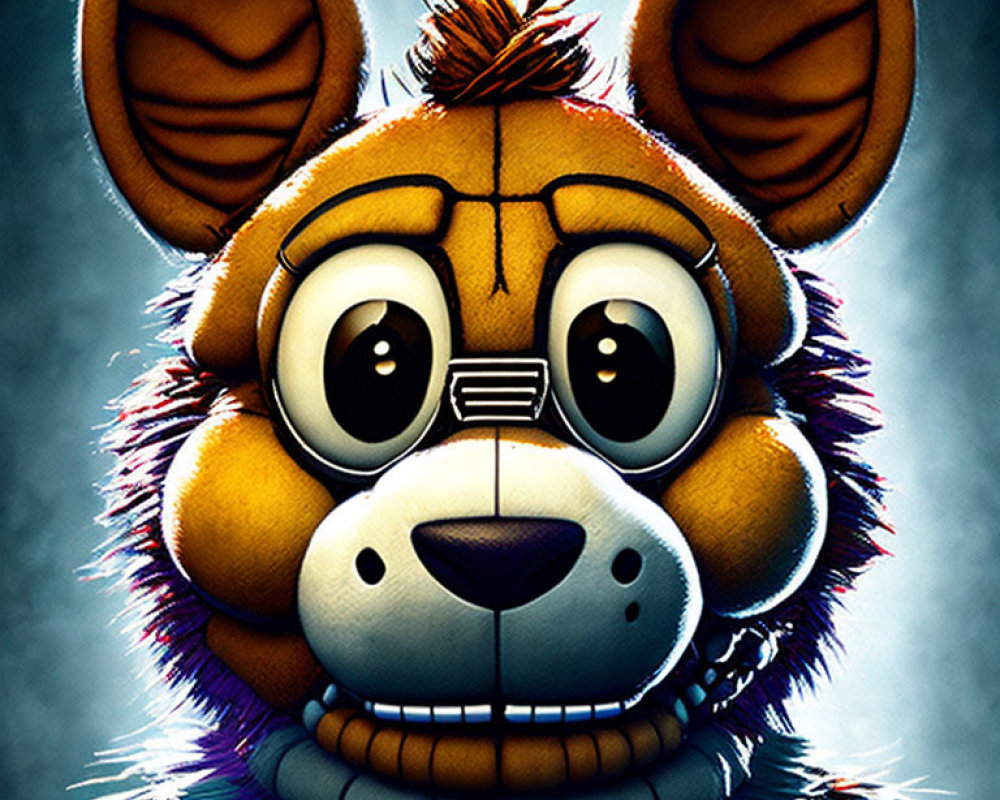 Detailed digital illustration of animatronic brown bear with large ears and expressive eyes.
