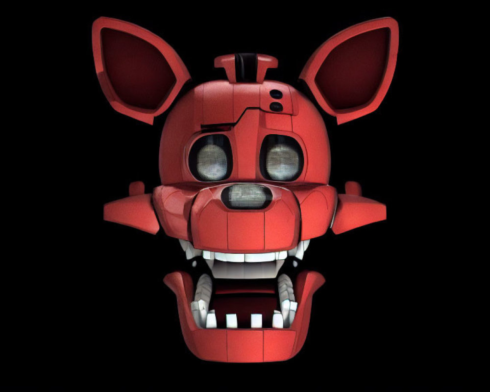 Red Animatronic Fox with Large Ears and Glowing Eyes on Black Background