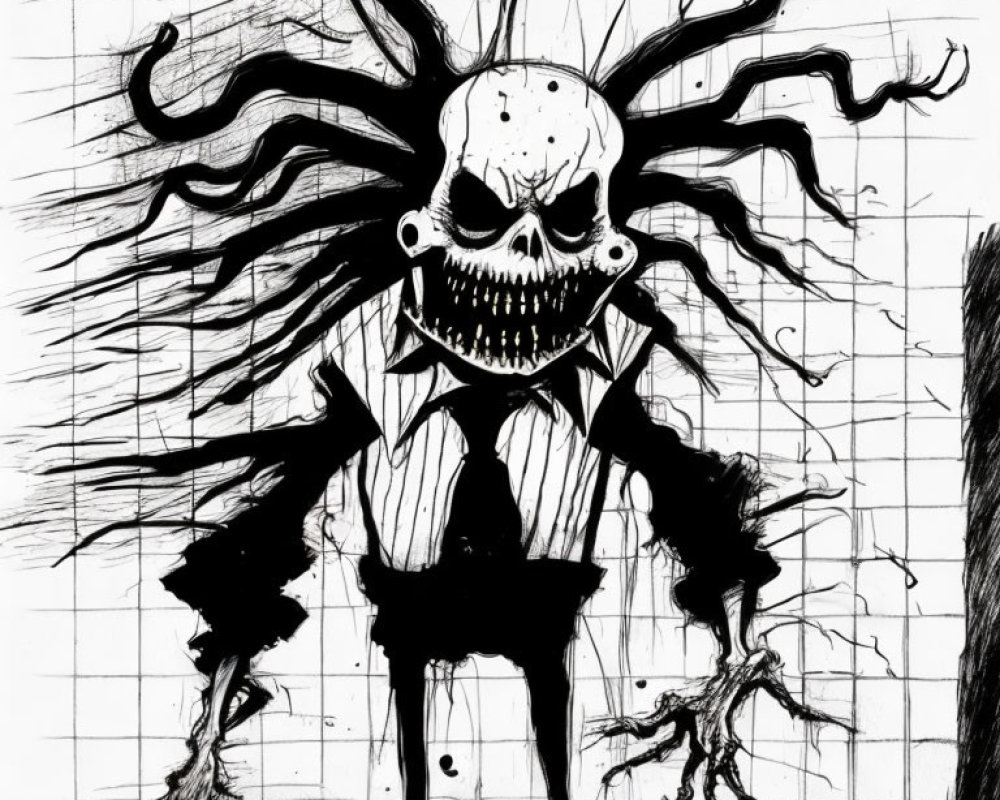 Monochrome sketch of menacing skull with tentacle-like hair in pinstriped suit