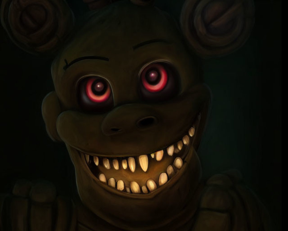 Menacing robotic bear with glowing red eyes and sharp teeth on dark background