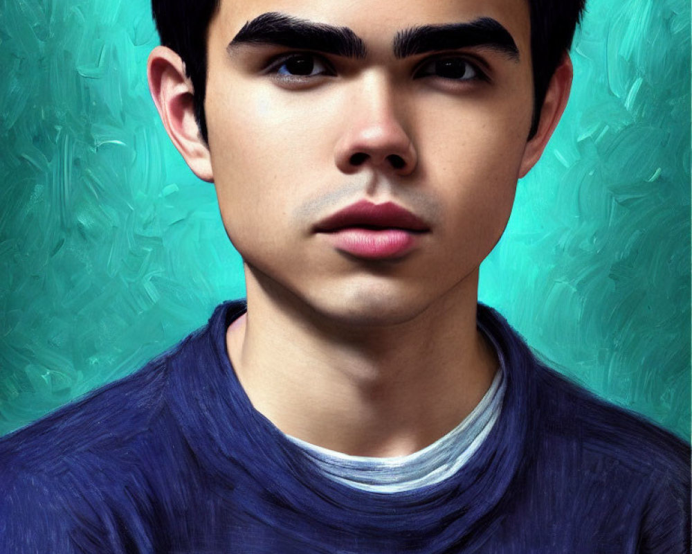 Portrait of young man with dark hair and serious expression against teal background