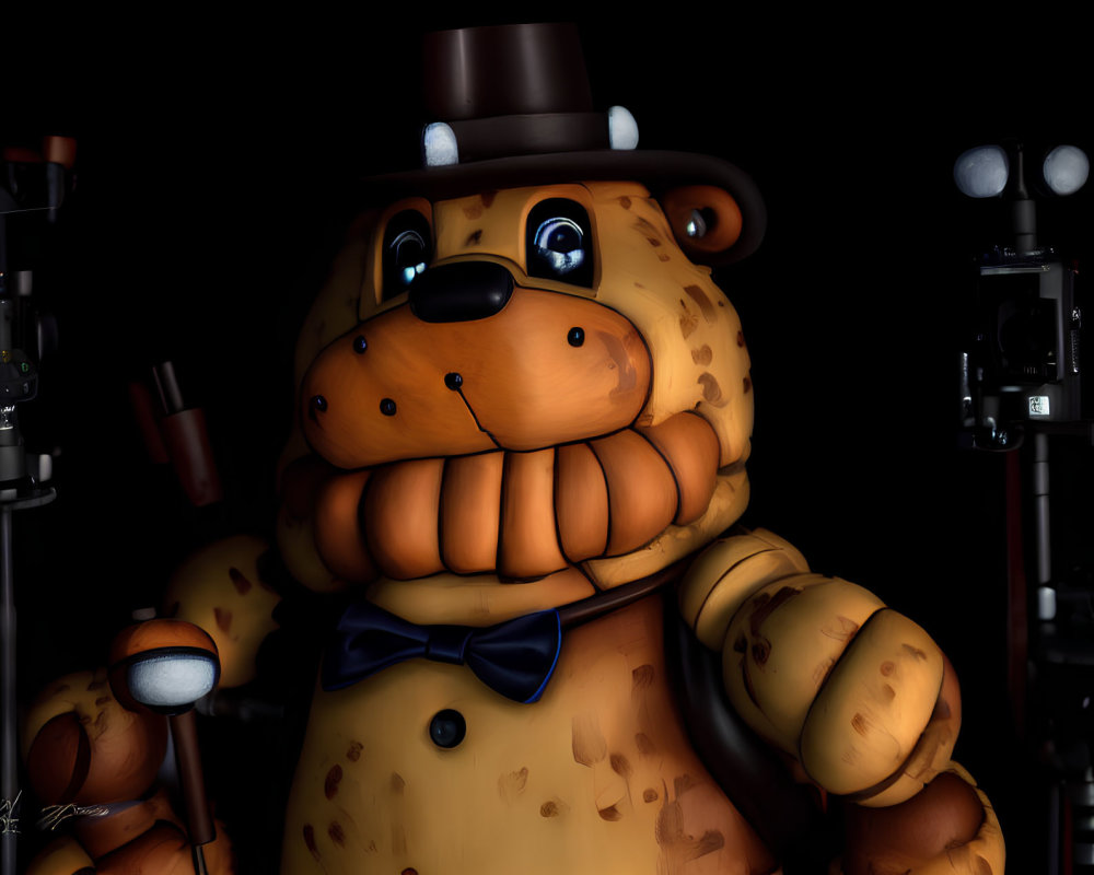 Close-up of Freddy Fazbear animatronic with top hat and bowtie on dark background.