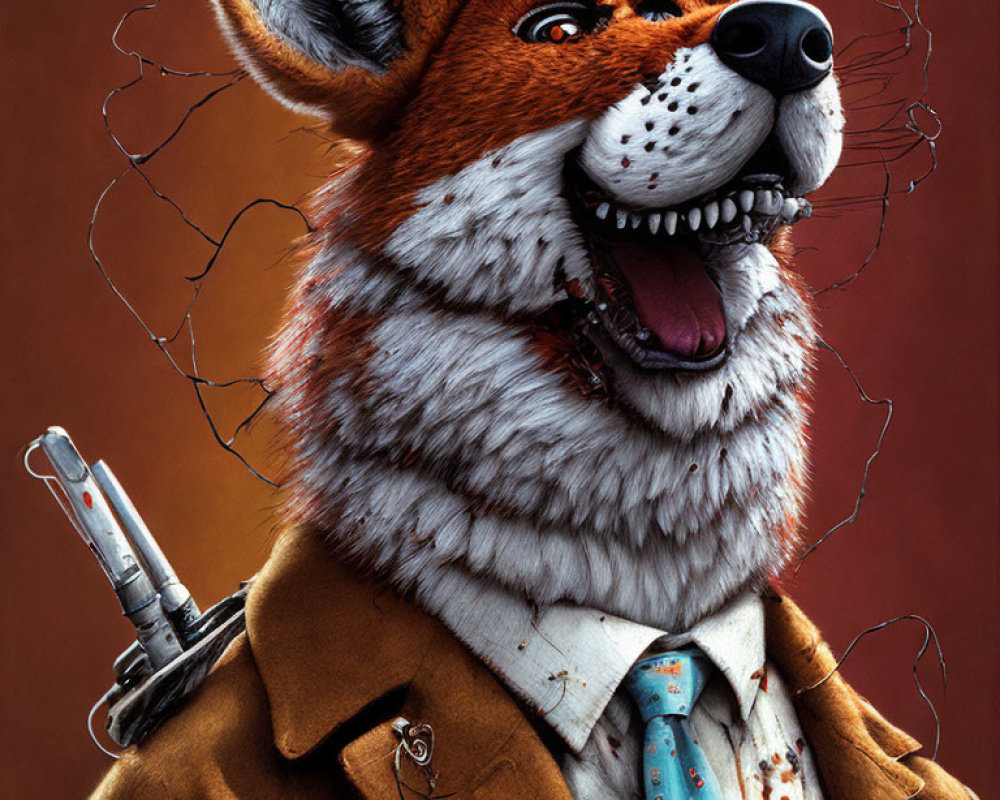Anthropomorphic fox in suit with cracked eyeglass and hidden blade