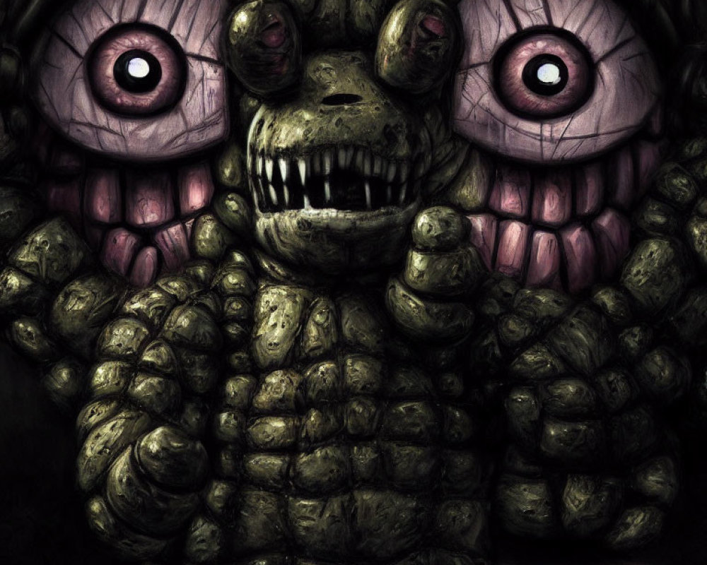 Menacing animatronic creature with purple eyes and toothy grin