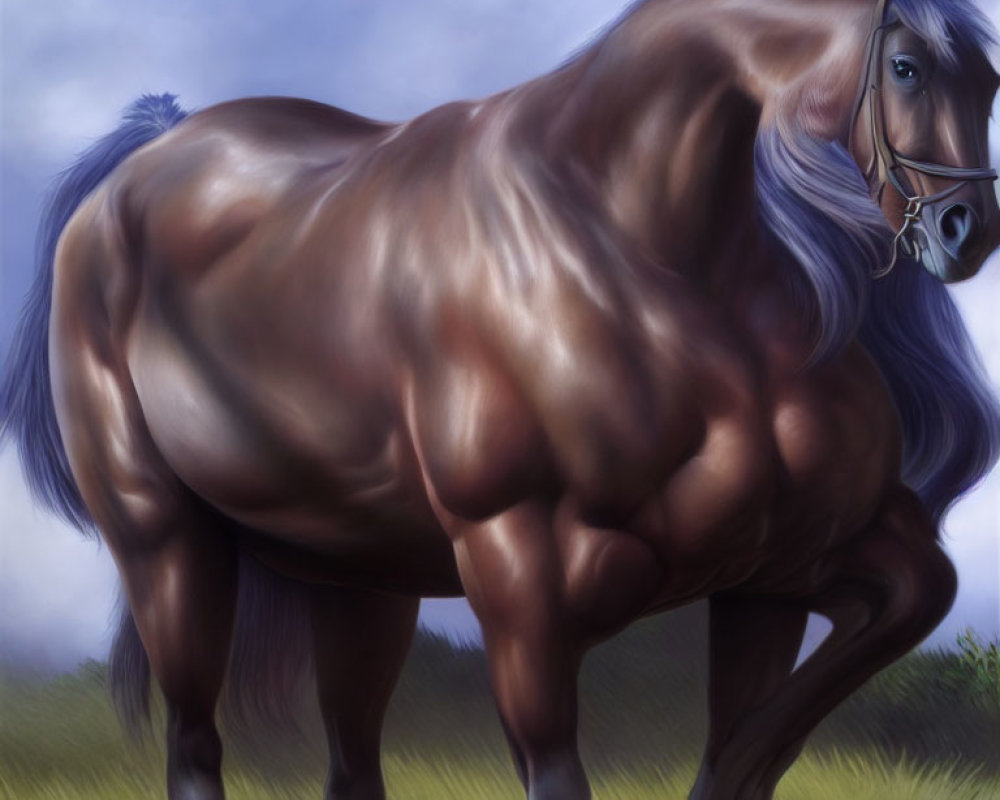 Chestnut horse with blue mane displaying muscular physique