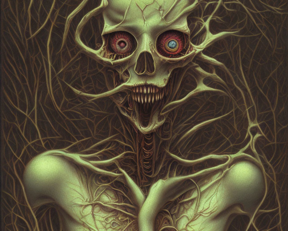 Macabre skeleton with red eyes in twisted branches scenery