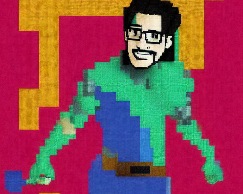 Pixelated image of person with glasses and beard in green and blue attire on pink and yellow backdrop