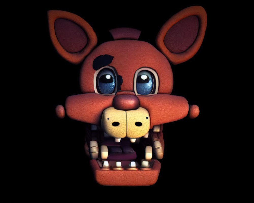 3D rendering of brown bear animatronic with large ears and blue eyes