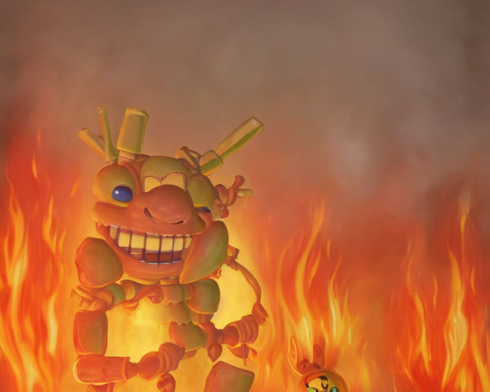 Cartoonish smiling robot in flames with smaller companion.