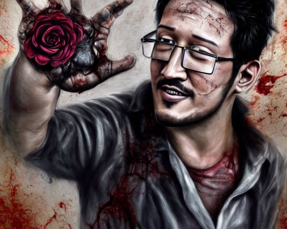 Man with bloodstains holding red rose, wearing glasses