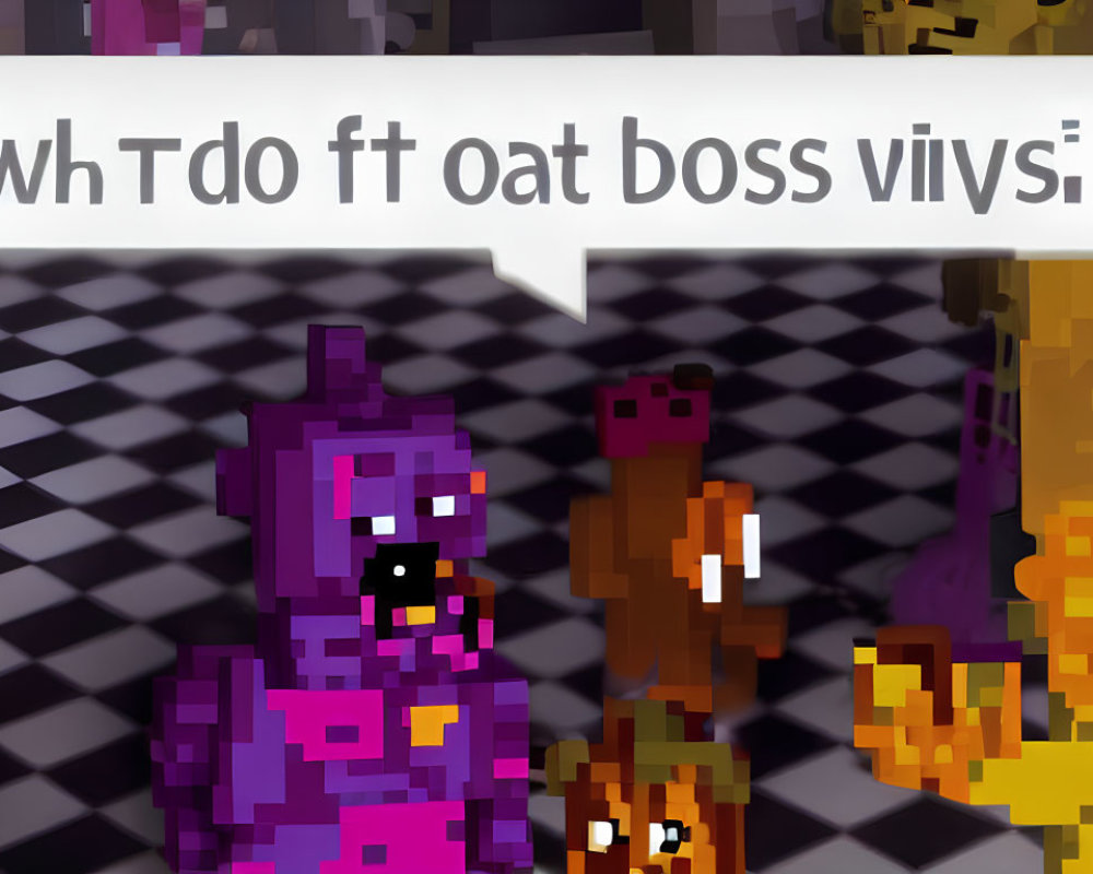 Pixelated purple figure and characters in stylized scene with blurred text on checkered background