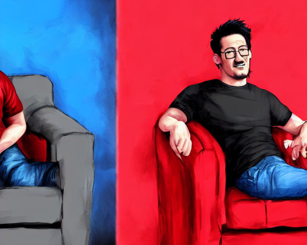 Split image: Empty blue couch vs. man on red couch wearing glasses