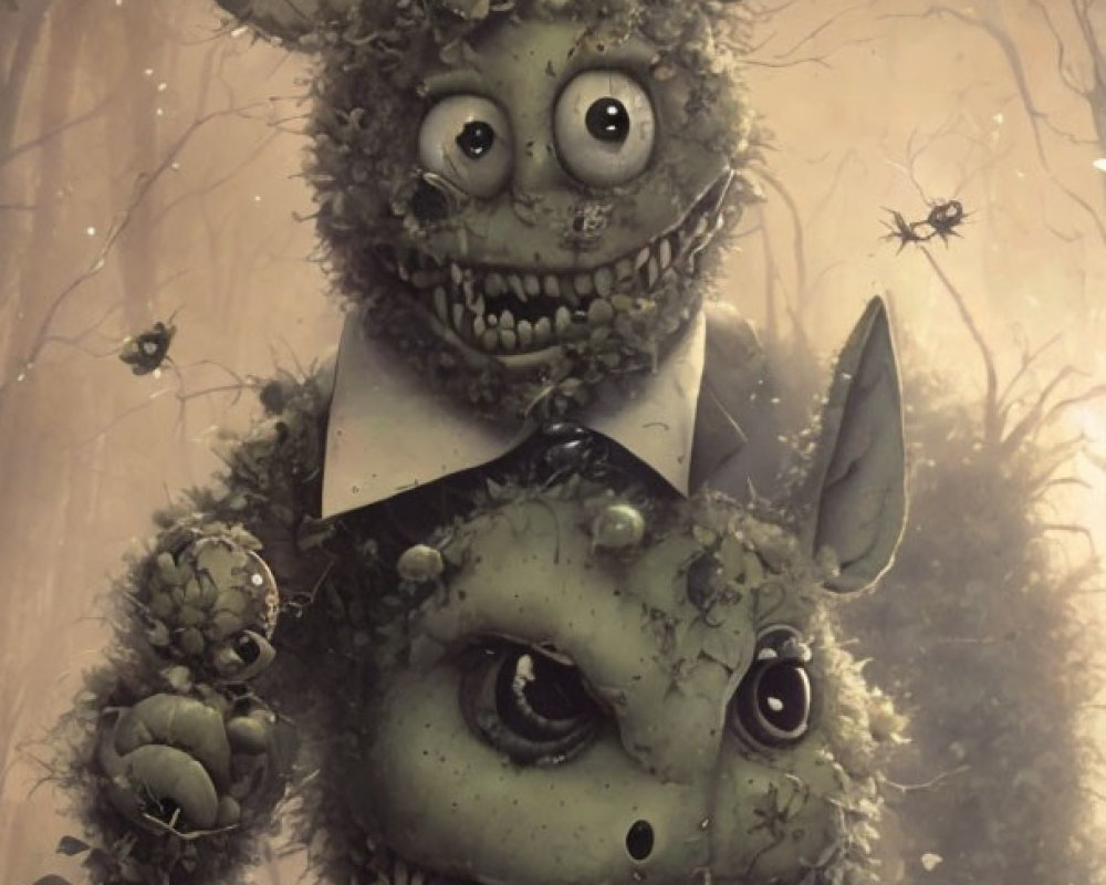 Moss-Covered Creatures with Rabbit Ears in Forest Setting