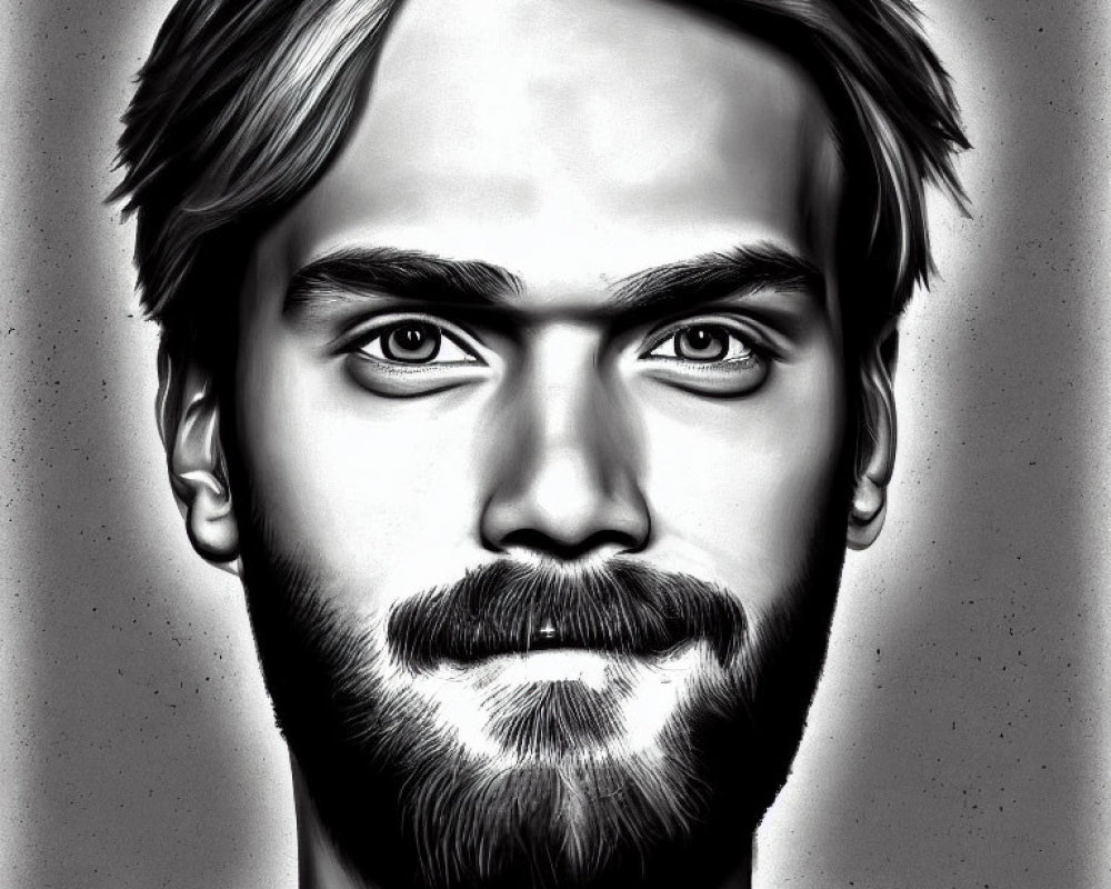 Monochrome digital portrait of a bearded young man with intense gaze