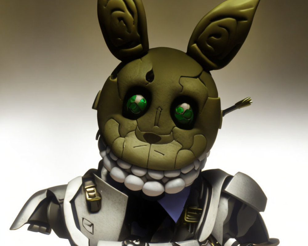 Toy Robot Rabbit with Green Eyes and Damaged Ear on Gradient Background