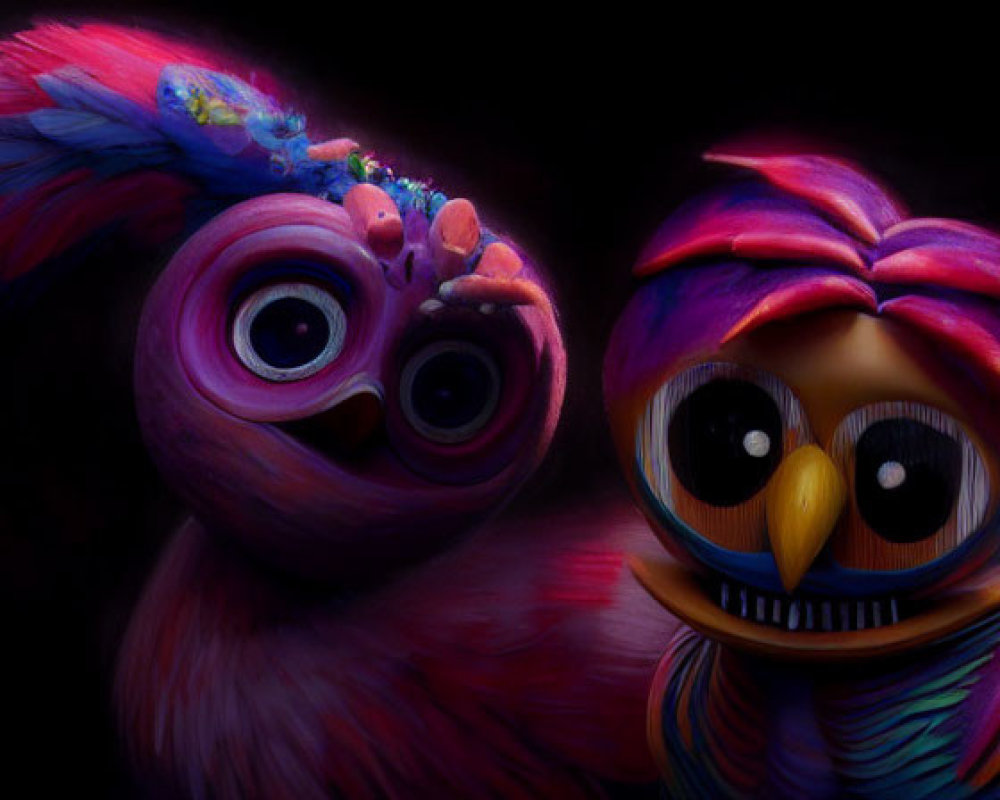 Stylized vibrant animated birds with large eyes on dark background