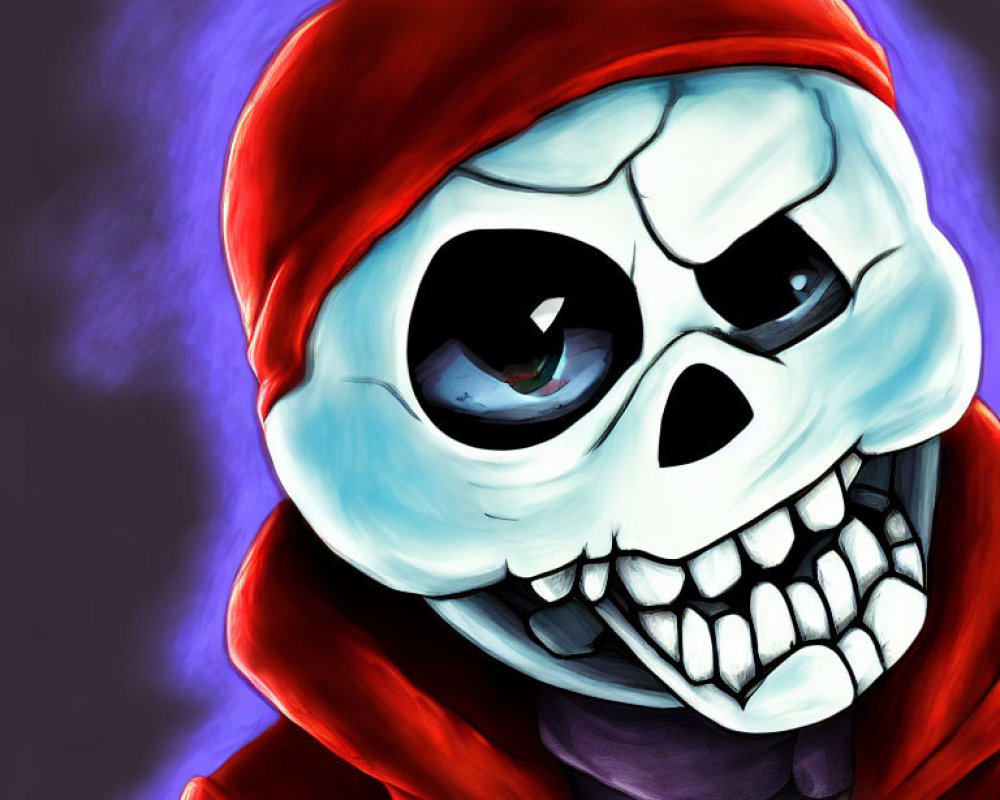Grinning skeleton in red hoodie and skull shirt on dark purple background