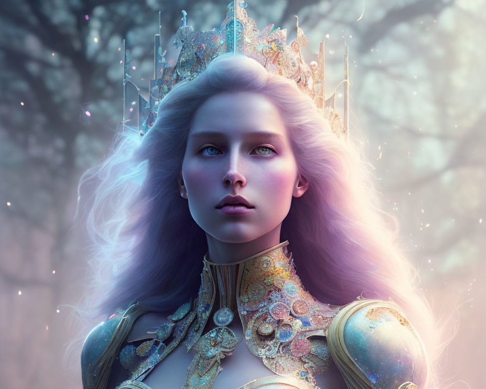 Regal female figure with lavender hair in golden crown and armor in mystical forest.