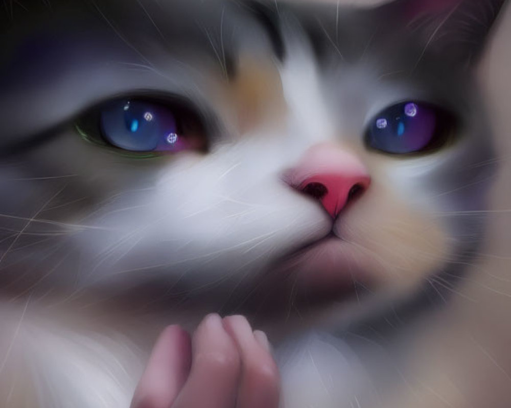 Close-up of multicolored-eyed cat with blurred effect and pink nose making gentle paw gesture