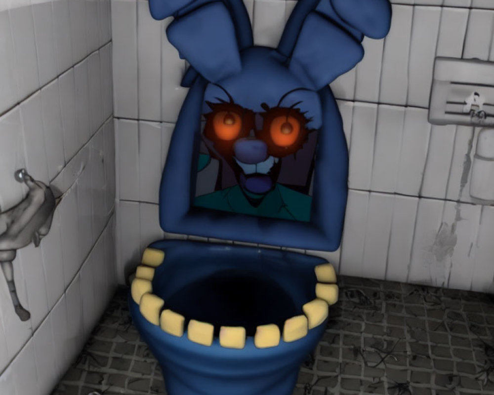 Blue rabbit with orange eyes popping out of toilet in tiled bathroom