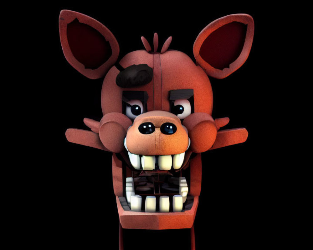 3D-rendered image of wide-eyed Freddy Fazbear on black background