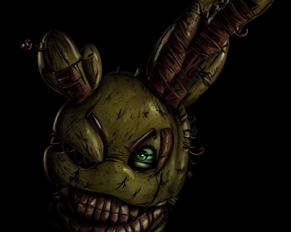 Sinister green animatronic rabbit head with glowing eye