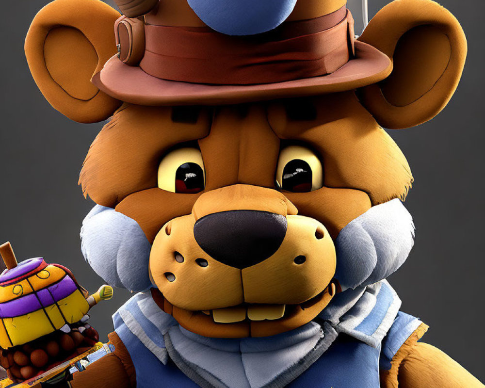 Anthropomorphic bear sheriff with puzzle box and determined expression
