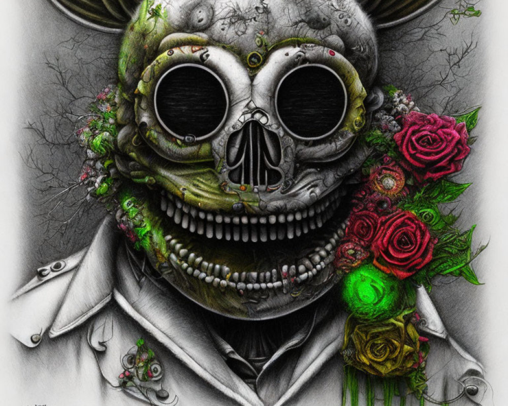 Monochrome skull illustration with suit, bowtie, and colorful foliage.
