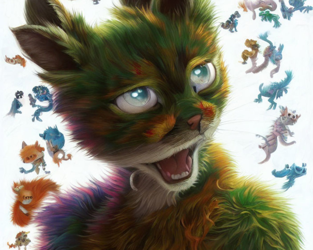 Colorful Furry Cat Surrounded by Whimsical Creatures