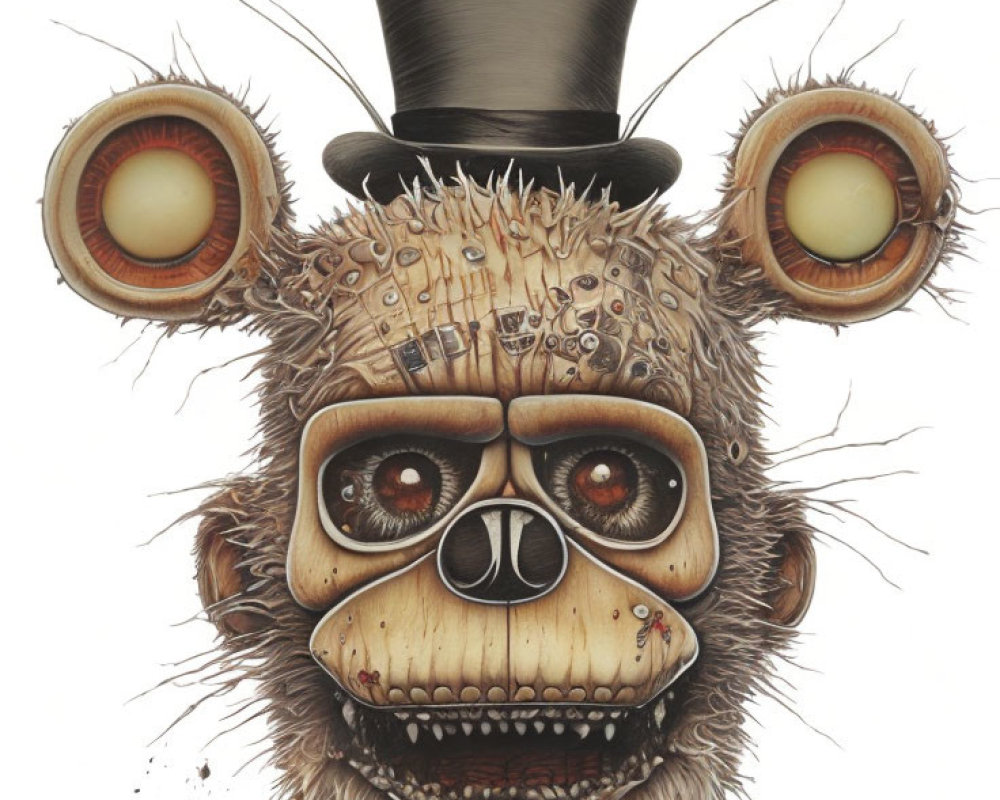 Detailed Mechanical Bear Creature with Large Eyes and Top Hat