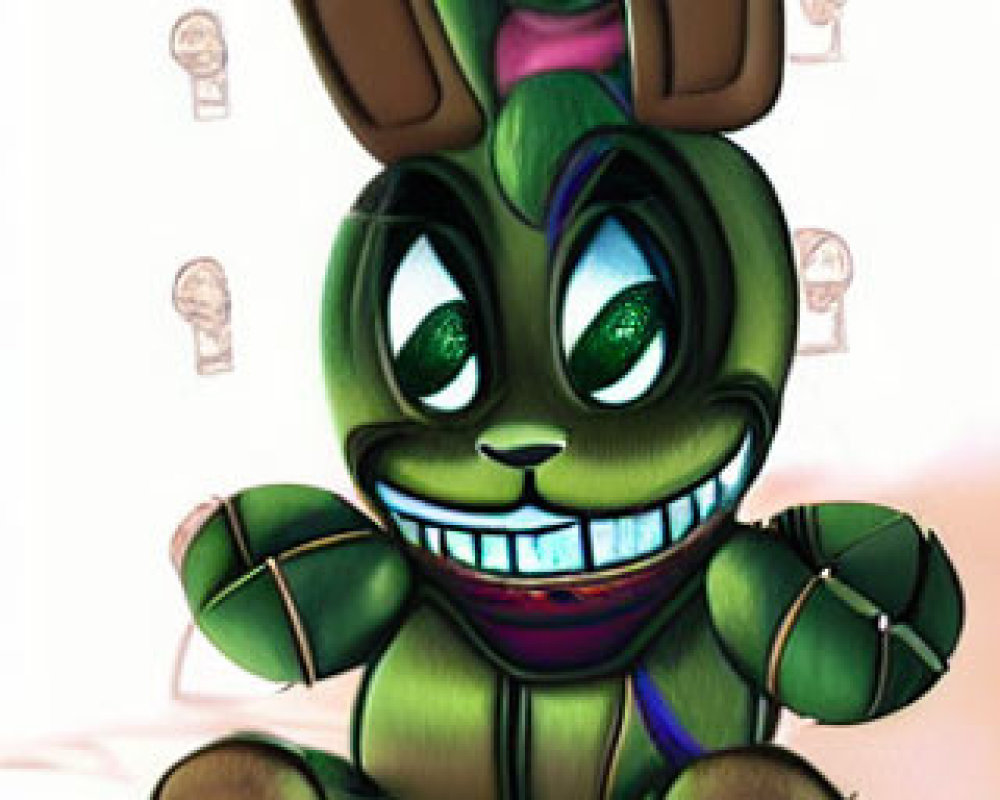 Stylized green and brown animated rabbit with large eyes and smile