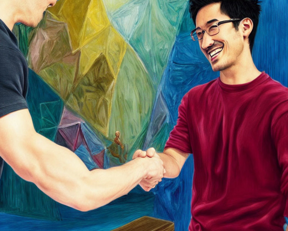 Smiling men in casual attire shake hands on colorful backdrop