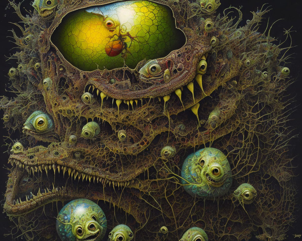 Surreal painting of creature with multiple eyes and mouths