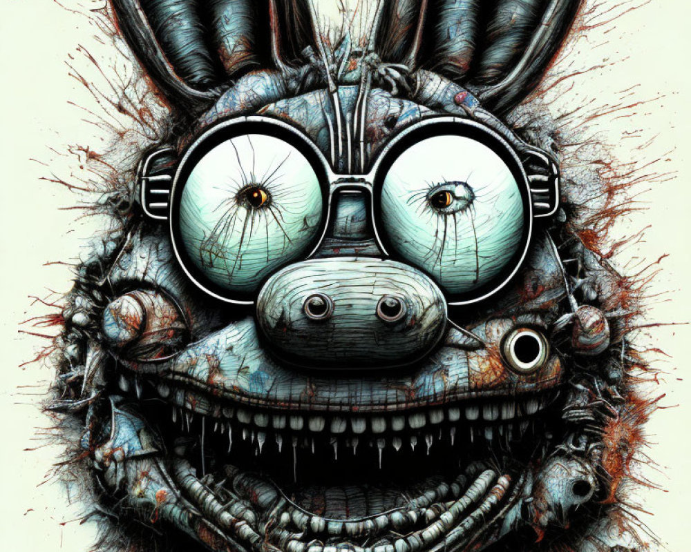 Detailed anthropomorphic rabbit drawing with large spectacles and sharp teeth
