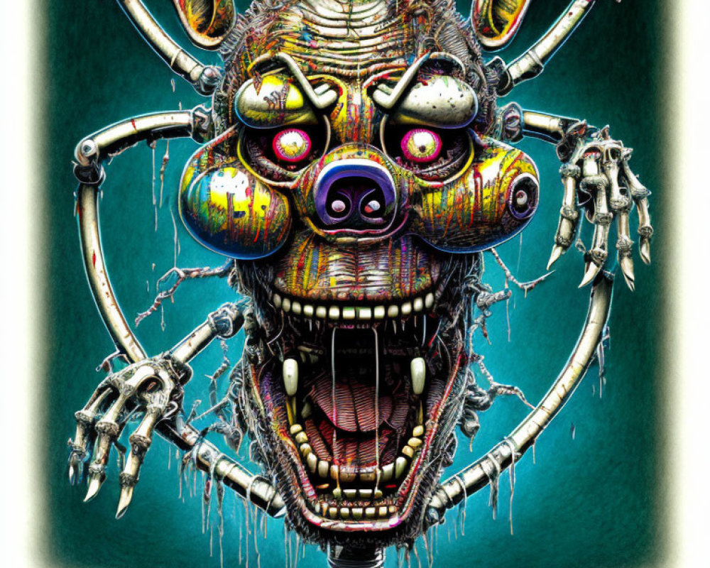 Robot Bear-Like Creature with Sharp Teeth and Robotic Arms on Teal Background
