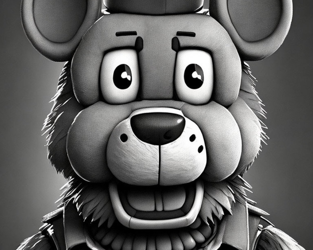 Monochrome cartoonish animatronic bear with hat and bowtie