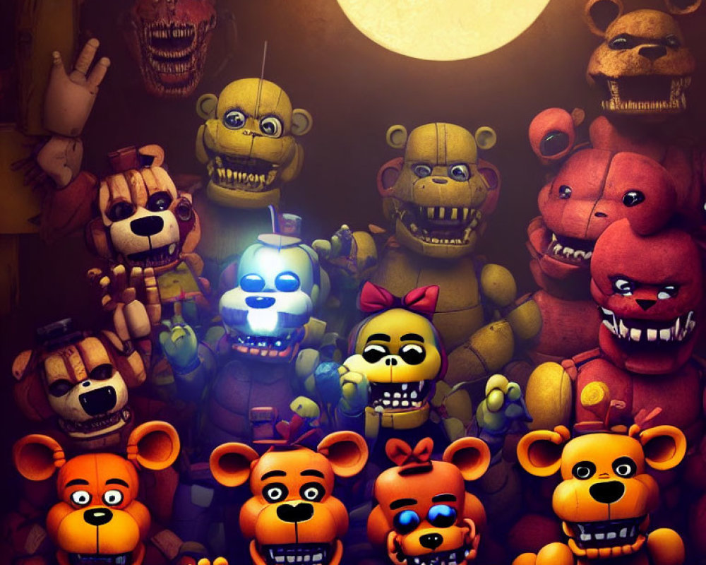 Sinister animatronic characters with glowing eyes on dark background