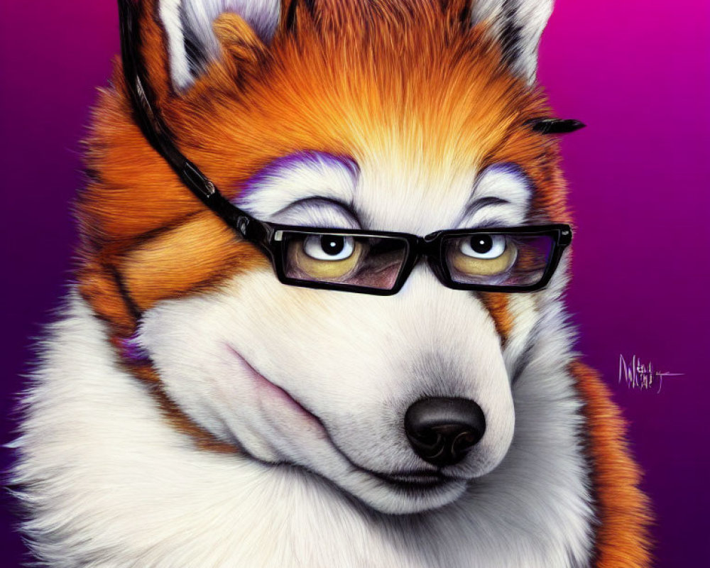 Anthropomorphic Husky Illustration with Orange and White Fur on Purple Background