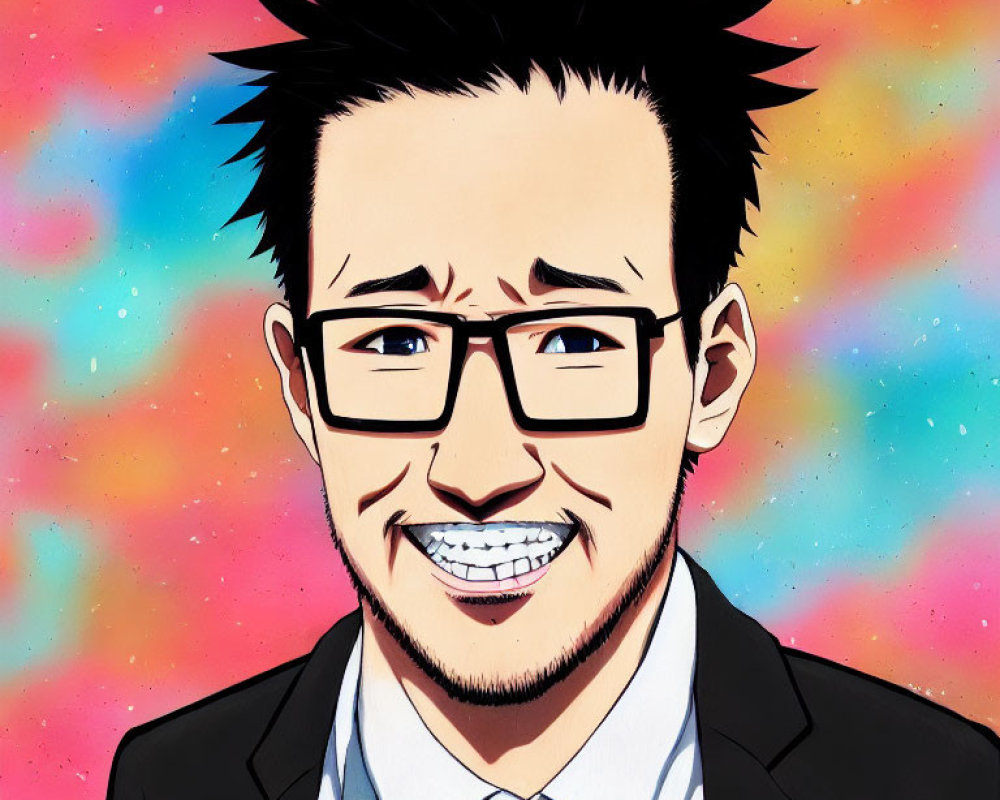 Black Spiky-Haired Male Character in Suit with Glasses and Braces on Colorful Abstract Background