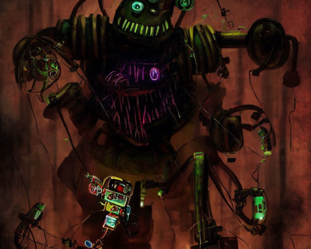 Whimsical robot with glowing eyes and heart among gadgets and mechanical arms