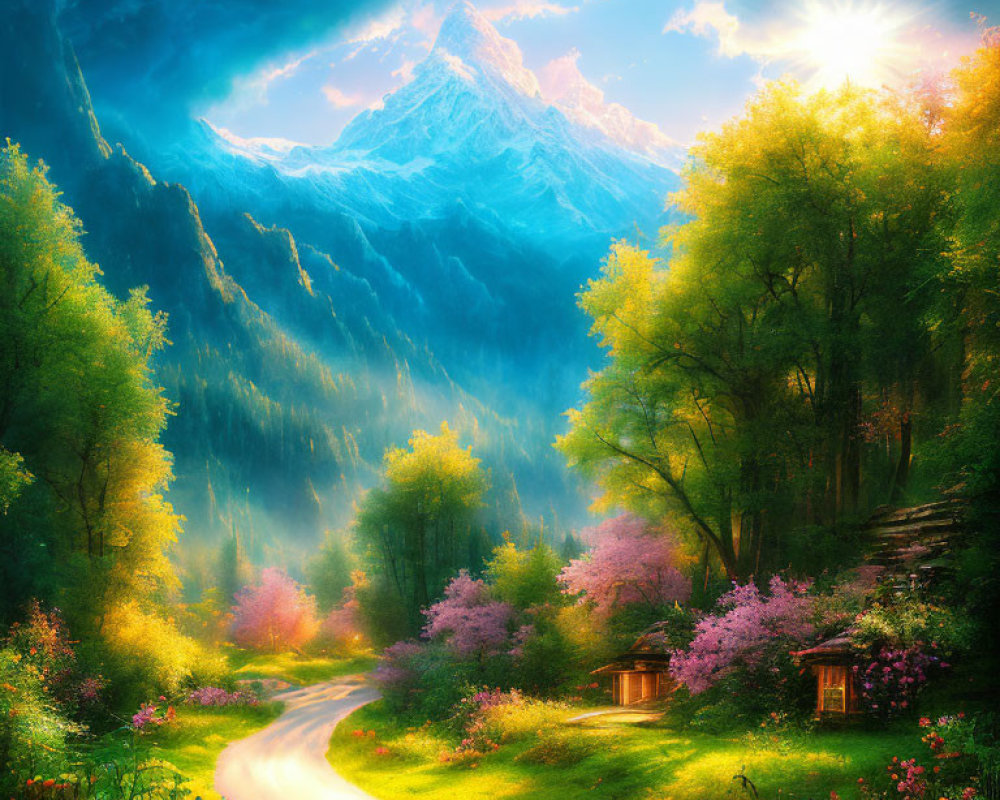 Scenic landscape with winding path, blossoming trees, cabins, and sunlit mountain