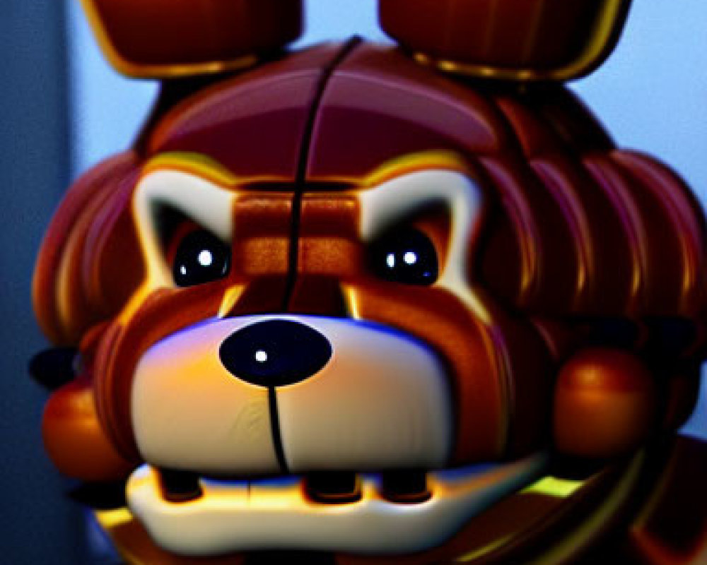 Detailed close-up of fierce, stylized cartoon bear head with glowing eyes and shiny ears